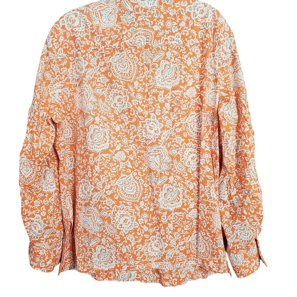 JNY Signature Sz XL Blouse Button Front Floral Roll Tab Cotton Side Vents Orange - Picture 6 of 14